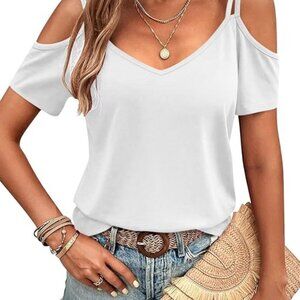 Womens Summer Cold Shoulder Top, Low Back, Short Sleeve, V Neck T Shirt.